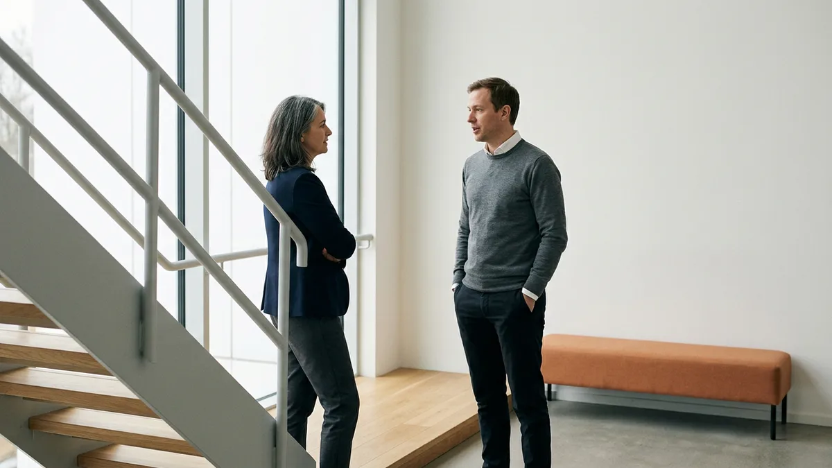 Marketing hiring manager with arms folded listening to a candidate from another industry on an office stair landing, illustrating an interview about transferable skills