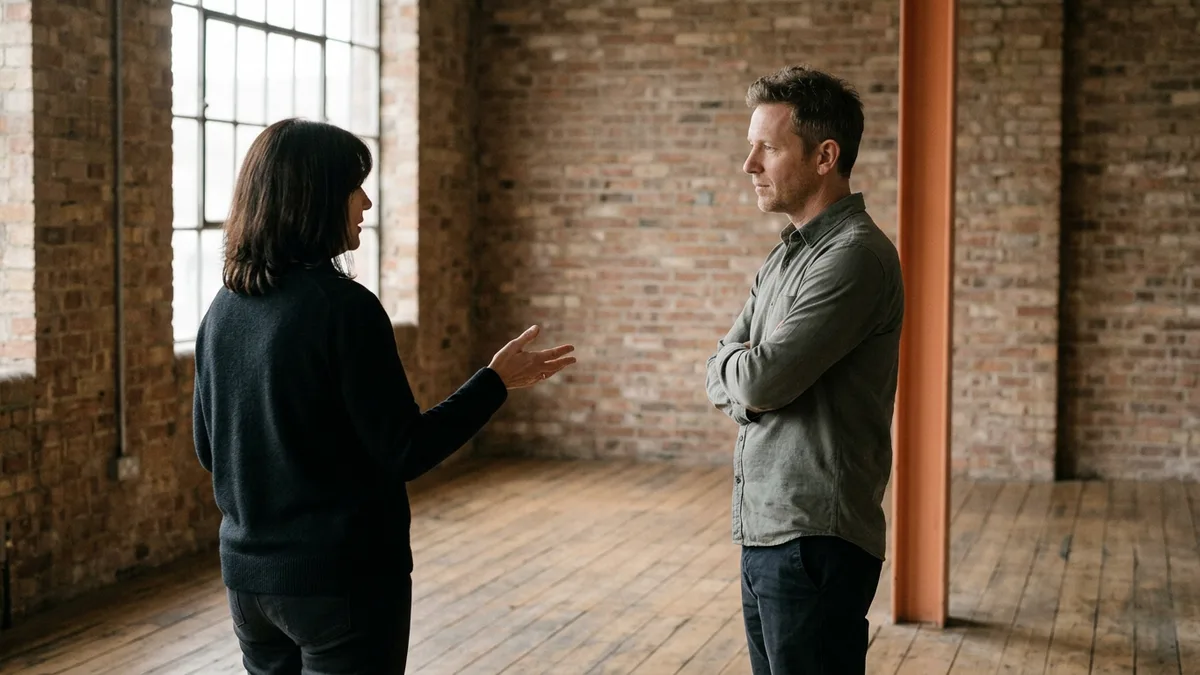Executive recruiter talking with a hiring manager about which job requirements matter, standing in a brick-walled creative studio