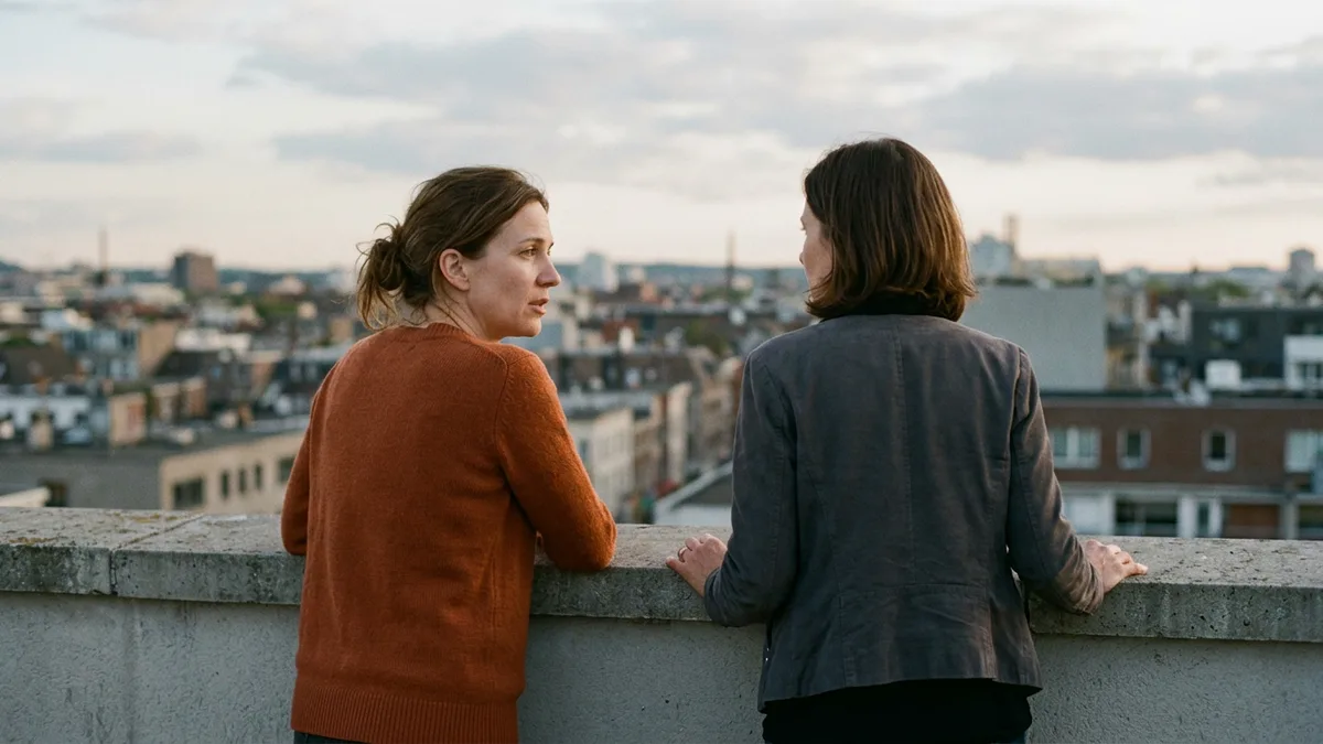 Hiring manager and executive recruiter talking through which job requirements matter at a rooftop terrace parapet