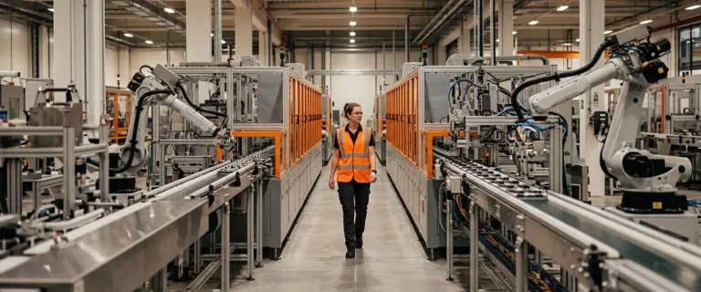 Automation engineer walking the center aisle of an automated production line flanked by robotic arms and conveyors