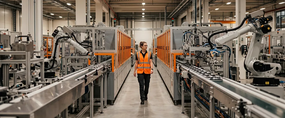 Automation engineer walking the center aisle of an automated production line flanked by robotic arms and conveyors