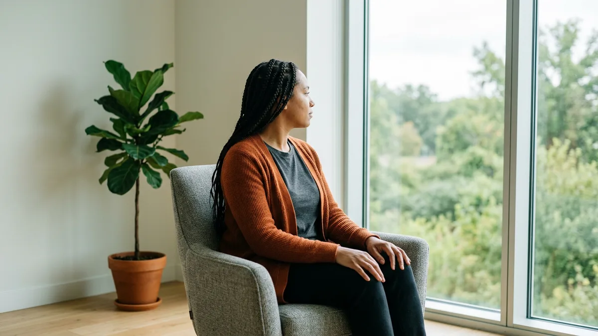 Contract data engineer sitting alone by an office window weighing whether to stay on her assignment