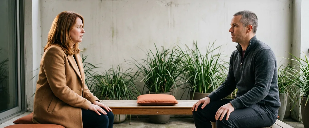 Two colleagues talking on an office terrace bench about how to retain contractors through the end of an assignment