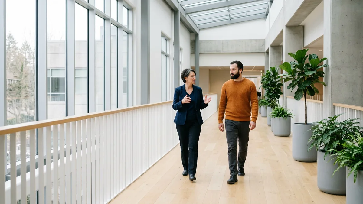Hiring manager talking with a contract software engineer while walking along a bright office atrium walkway
