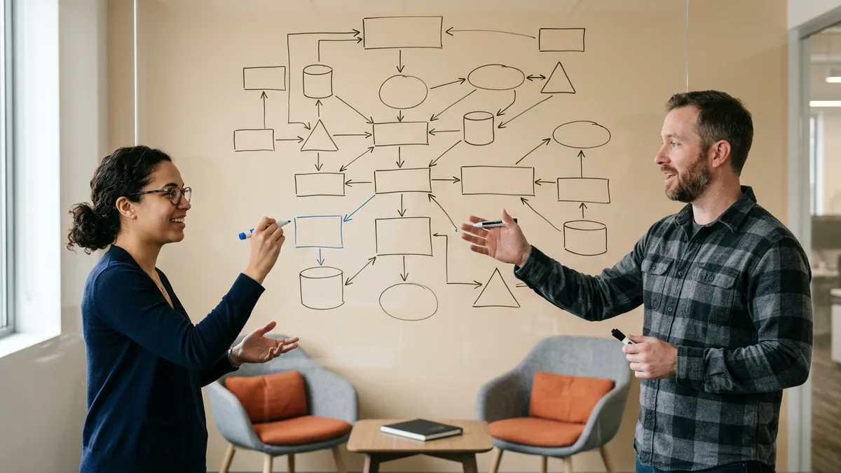 Two engineers sketching an idempotency key request flow diagram on a glass whiteboard
