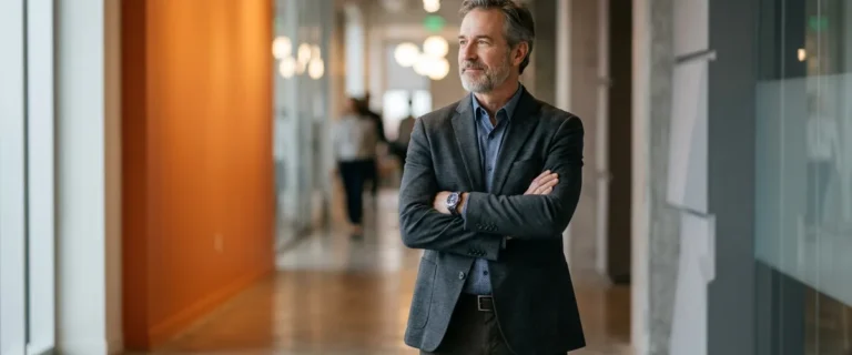 Engineering executive reflecting on payment integration reliability in a modern fintech office hallway