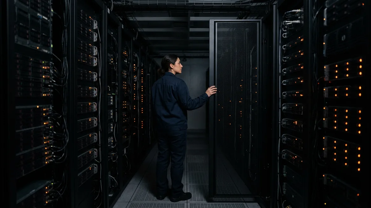 Software engineer inspecting a server rack in a data center aisle at night, checking transaction pipeline infrastructure