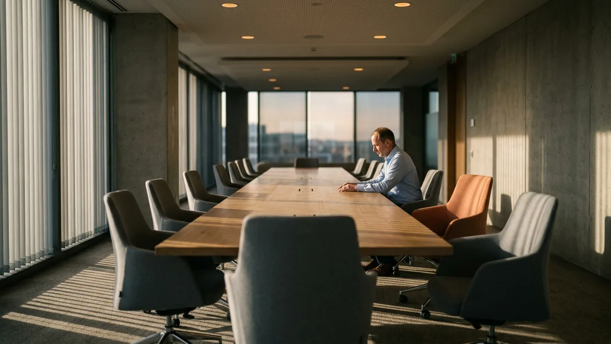 One person left alone in an empty conference room after a postmortem meeting that changed nothing