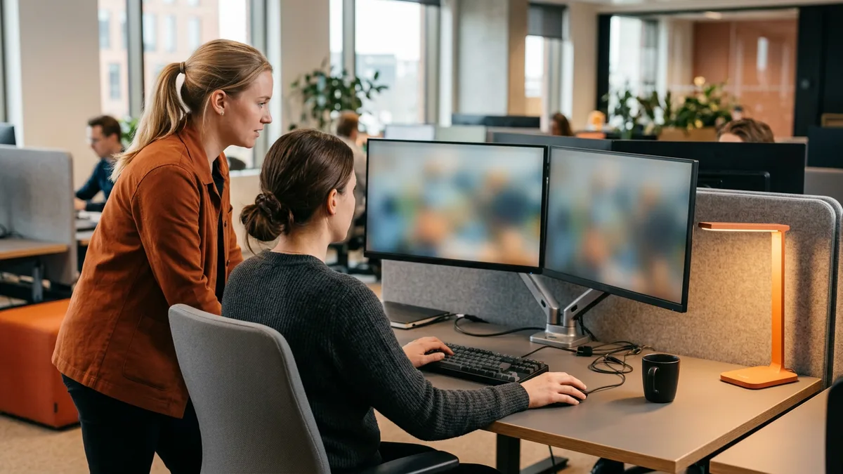Two data engineers reviewing Informatica data quality output at a dual monitor workstation