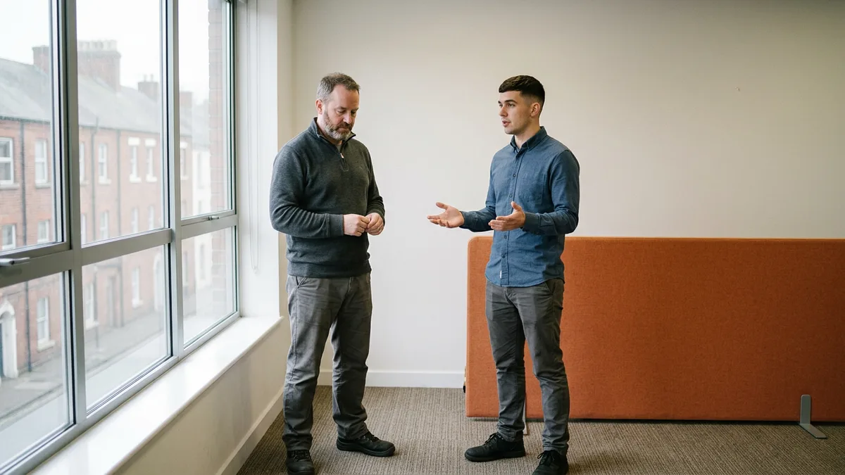Two colleagues discussing a data migration reconciliation beside an office window