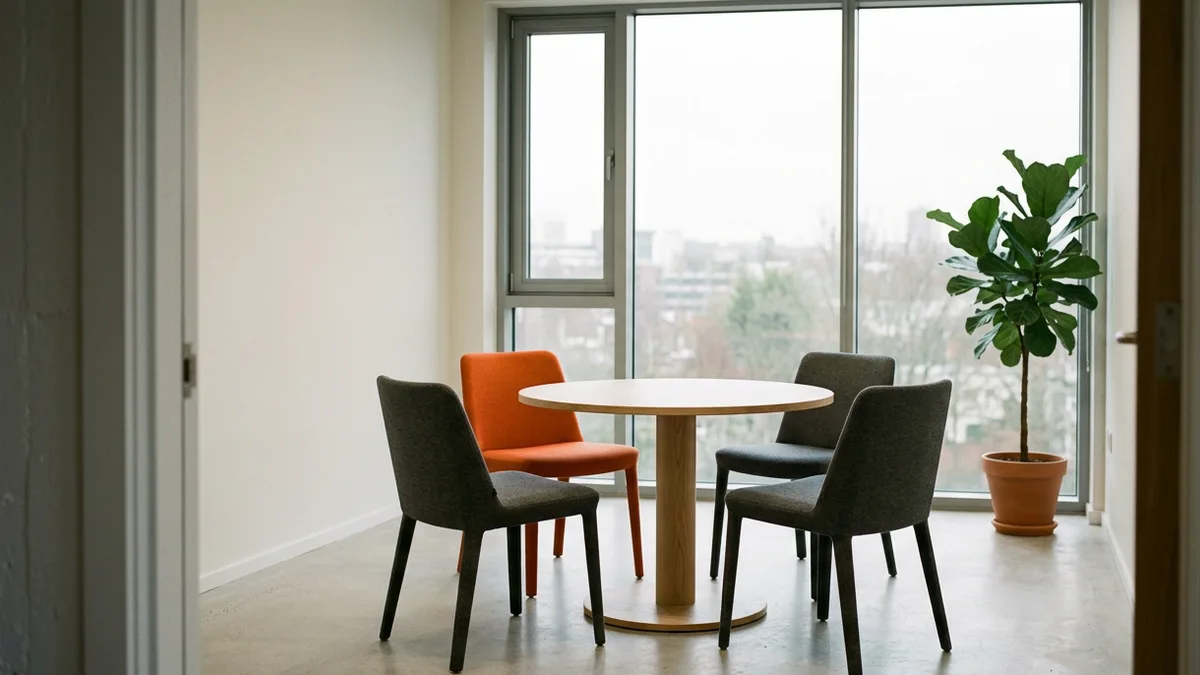 Empty interview room with four chairs around a round table set up for an Informatica developer hiring loop