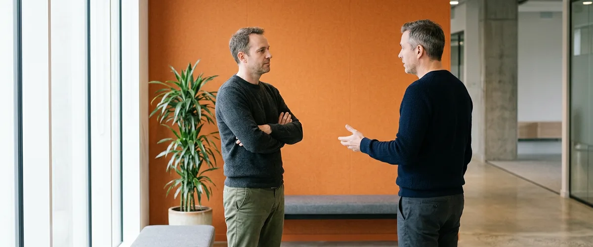 Two hiring leaders standing in conversation about an Informatica developer search in a modern office