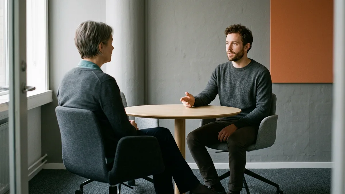 Hiring manager and Informatica developer candidate talking across a round table during a technical screen interview