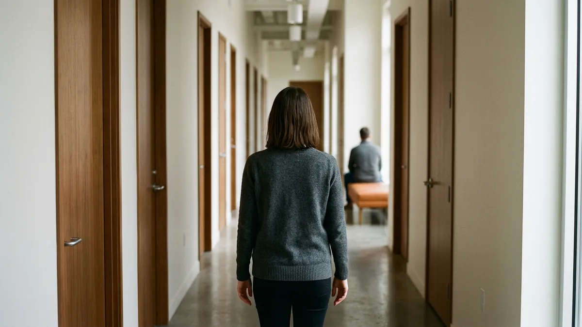 Woman seen from behind standing in an office corridor facing a long row of identical unmarked doors