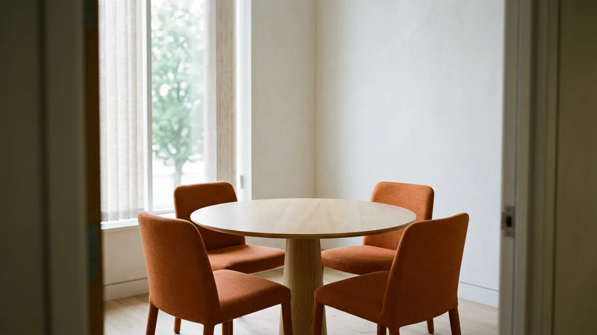 Empty meeting room with a bare round table and four orange chairs beside a tall window