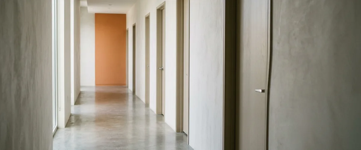 Empty office corridor lined with five identical unmarked doors and a warm orange accent wall at the far end