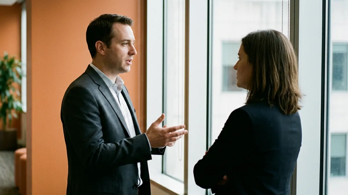 Two colleagues standing in conversation beside a window in front of an orange office wall
