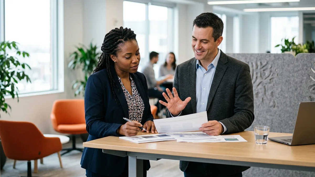 Recruiter and hiring manager comparing 2026 Informatica developer salary bands on a printed offer sheet
