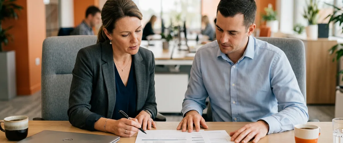 Hiring manager and recruiter reviewing Informatica developer compensation figures at an office table