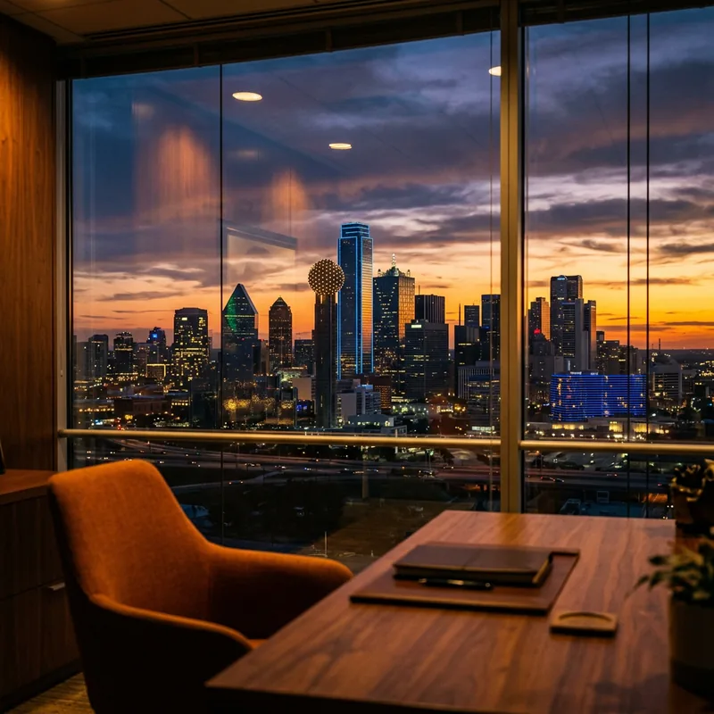 Dallas Fort Worth skyline at dusk seen through the window of a warm toned corporate office with an empty desk in the foreground