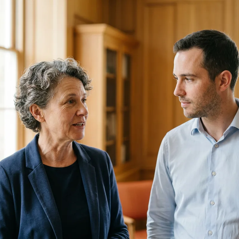 Senior data professional in a navy blazer explaining a legacy mapping to a younger colleague in a pale blue shirt in a warm oak panelled office