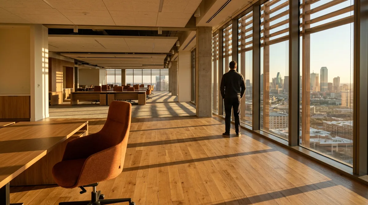 Quiet Dallas office floor at golden hour with low sun through window louvres casting a comb of light bars across an oak floor and one person looking out at the skyline