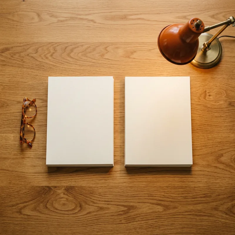 Overhead view of two identical stacks of blank paper side by side on a warm oak desk with reading glasses and an orange desk lamp, one stack for each system running in parallel