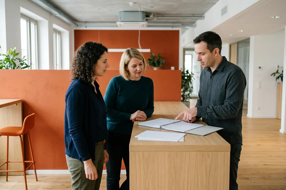 Three colleagues standing at a tall oak counter in an open plan office with a burnt orange accent wall behind them, an open ring binder and loose printed pages on the counter between them