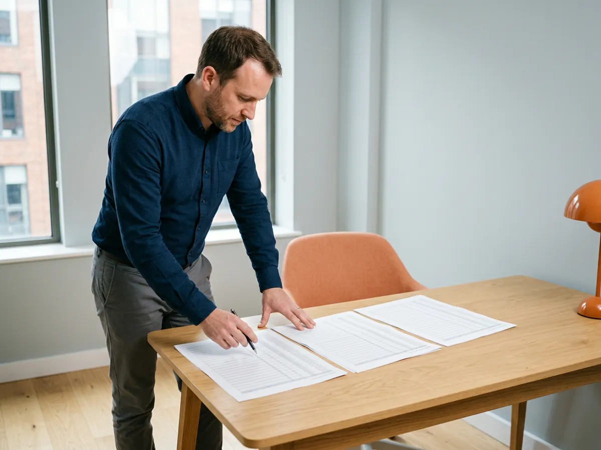 Enterprise data engineer standing at a pale oak desk with three printed multi-page technical listings laid out side by side, a pen in his right hand and a warm orange desk lamp at the edge of the desk