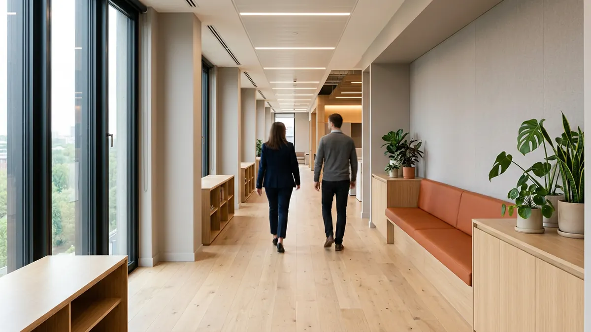 Bright modern technology office aisle with pale oak flooring and tall windows, a long burnt orange upholstered bench running along the right hand wall and two colleagues walking away from the camera