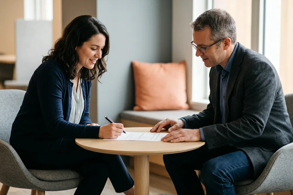 A recruiter and a hiring manager seated either side of a small round oak table, working through a single printed intake form, her pen poised above the page and an orange cushion on the bench behind them