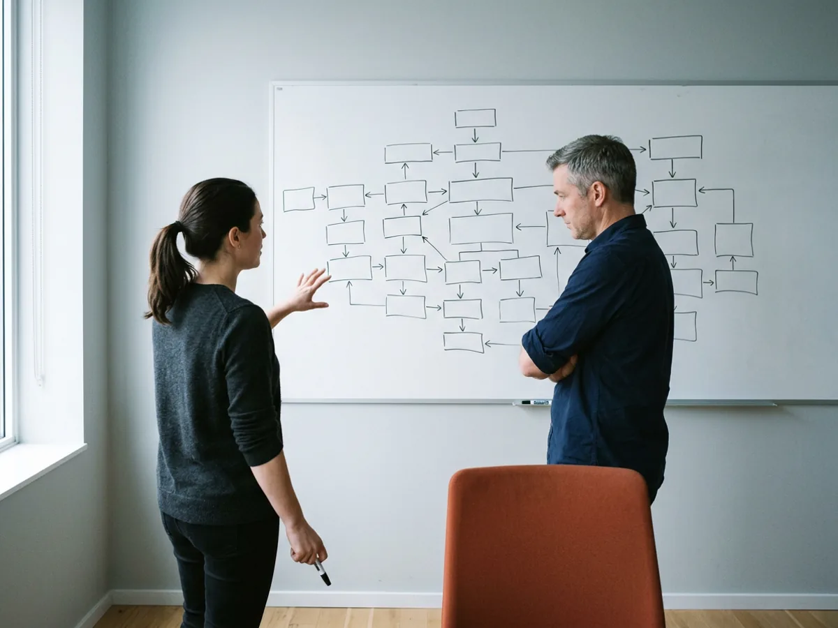 Two data integration colleagues at a large whiteboard covered in hand-drawn boxes and connector arrows, one holding a marker mid-sentence