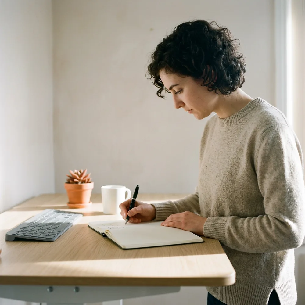 A data developer at a standing desk writing in an open notebook with the keyboard pushed to one side in early morning light