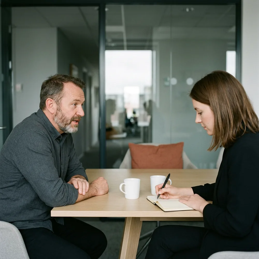 A hiring manager and a technical recruiter talking across a small meeting room table with an open notebook between them