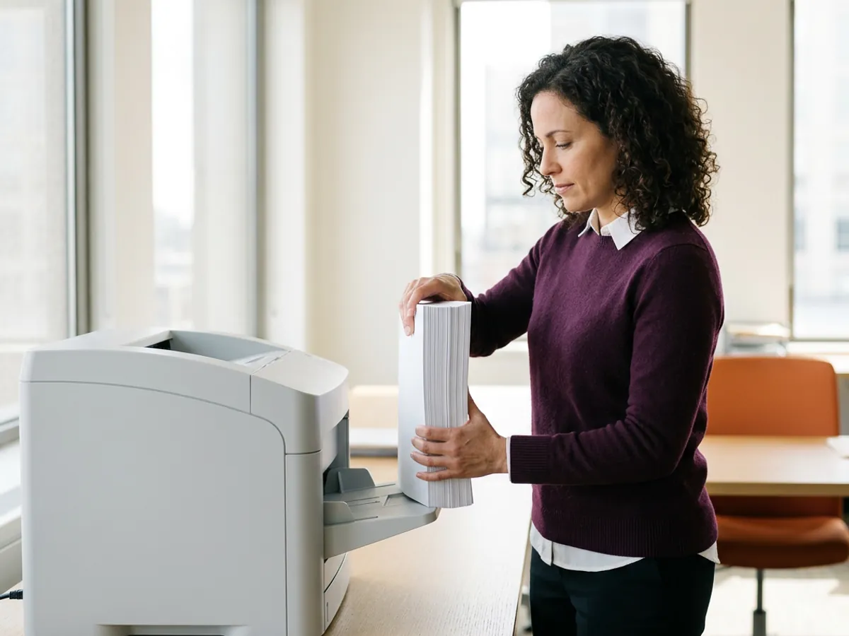 Records operations lead squaring a stack of paper beside a production document scanner in a bright intake room