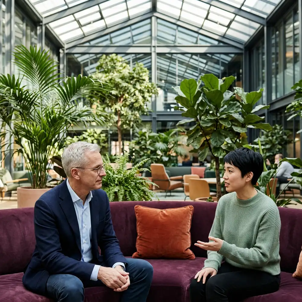 Operating executive listening to a machine learning engineer on a curved plum sofa in a plant-filled office lounge