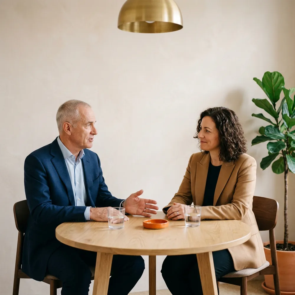 Interim chief financial officer explaining a point to an audit partner across a small round meeting table
