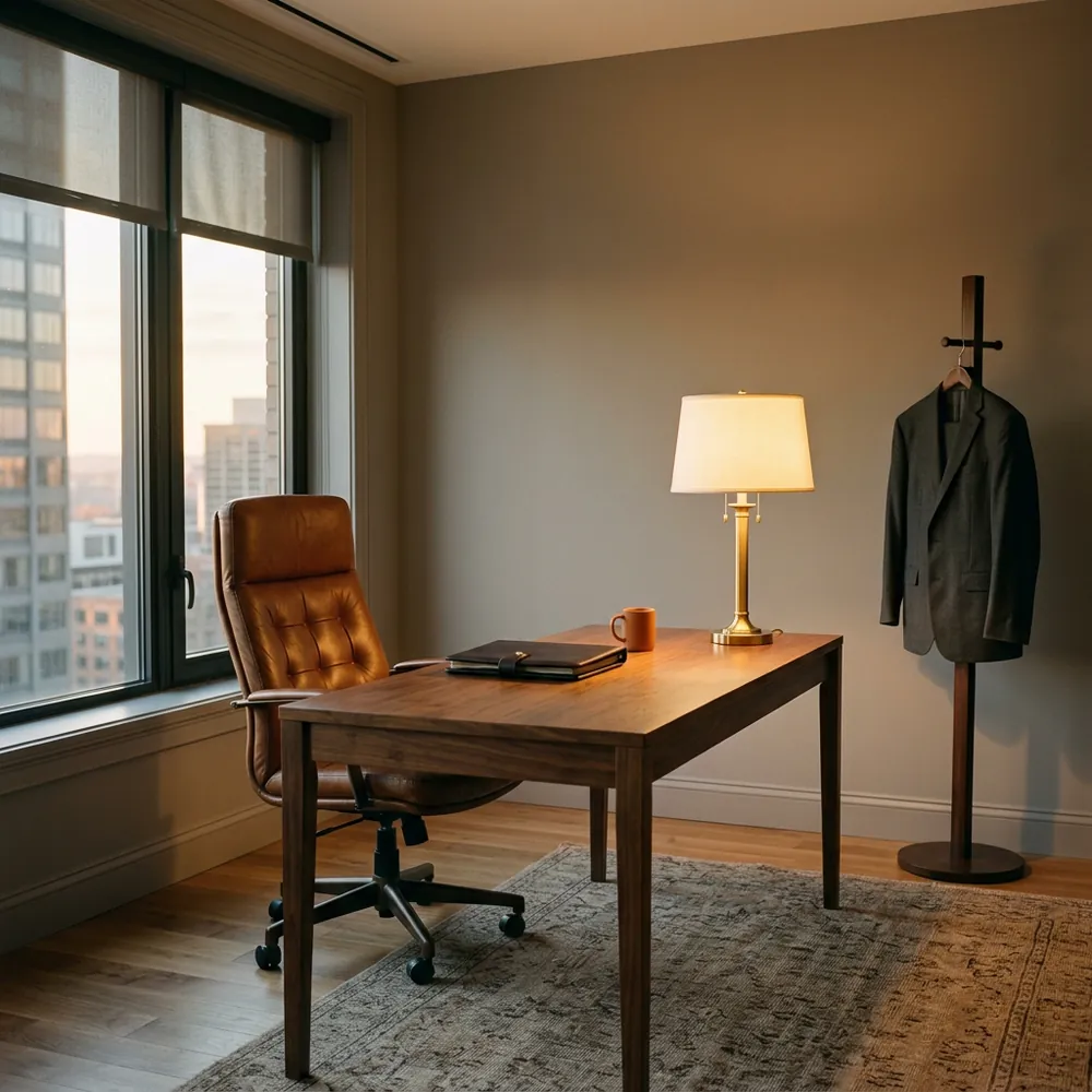 Empty leather executive chair pushed back from a walnut desk with a brass lamp switched on in a CFO office