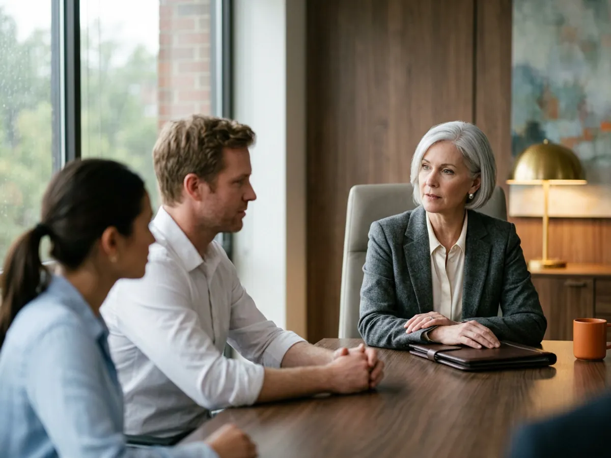 Interim CFO at the head of a walnut conference table listening to her controller on her first morning