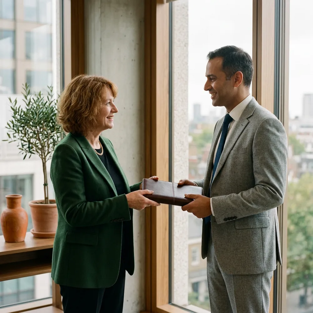 Departing interim CFO handing a closed leather portfolio to the incoming permanent CFO beside an office window