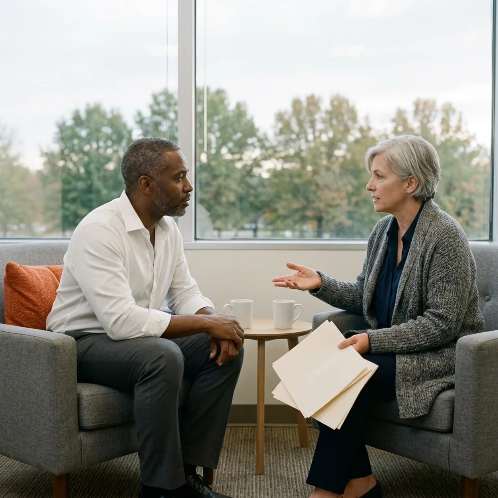 Chief executive and an interim CISO talking in two armchairs by an office window, one holding a few sheets of paper, deciding how long the interim security engagement should run