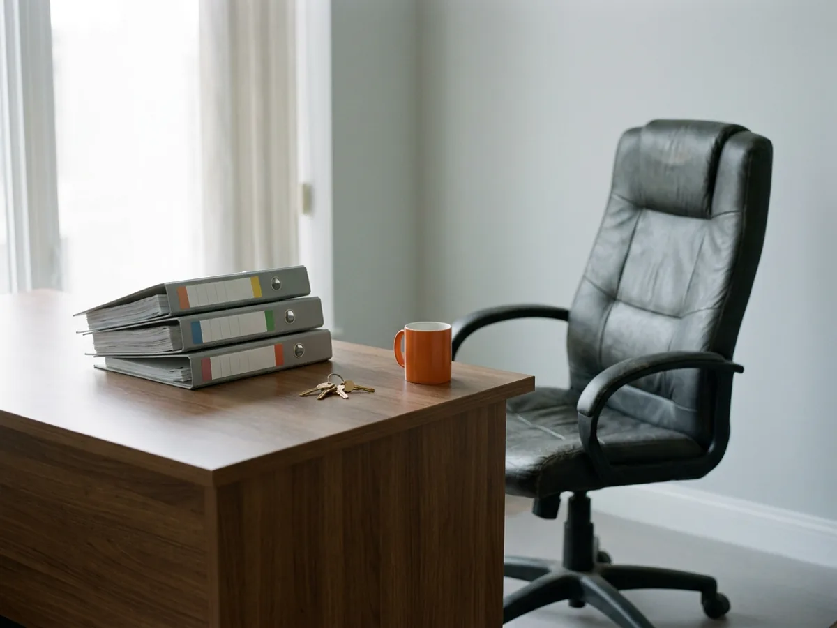 Empty leather desk chair pushed back from a desk holding a stack of binders, a ring of keys and an orange mug, the open security seat an interim CISO fills