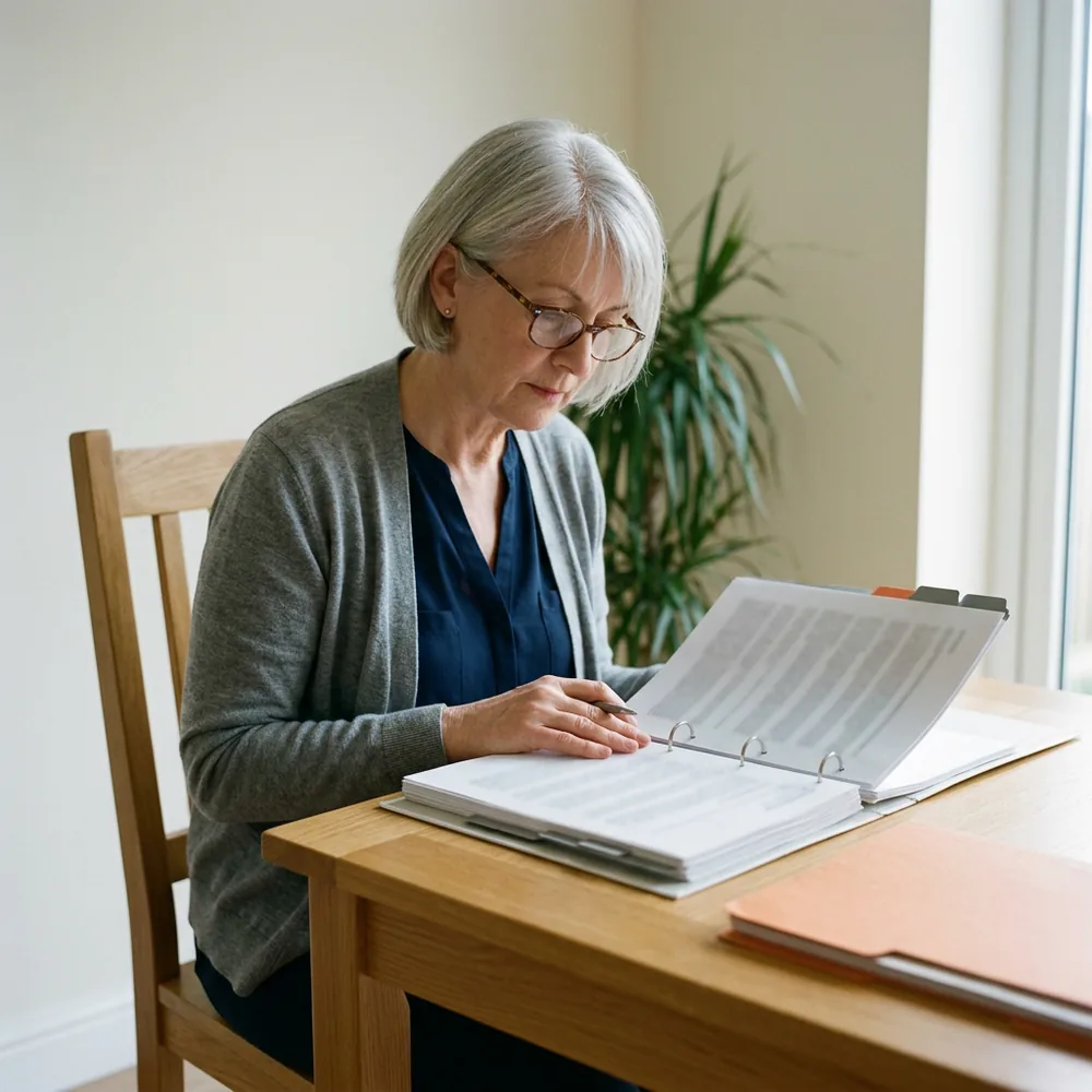 Interim CISO in a grey cardigan reading through a thick printed binder with blank colored tabs at a desk, marking pages with a pen on her first week in the security seat