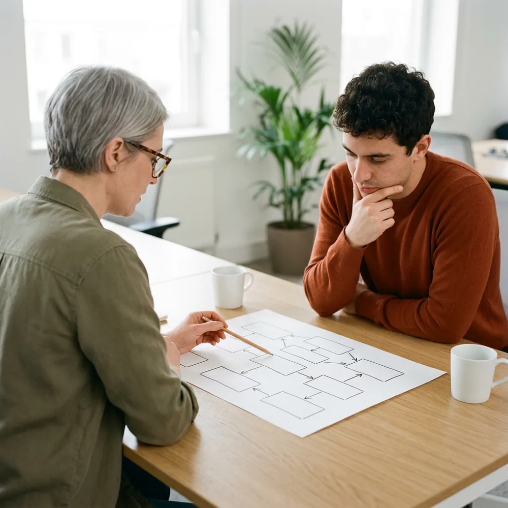 Two software engineers at a shared desk, one pointing at a hand-drawn architecture diagram of boxes and arrows, a contract engineer backfilling under an interim CTO