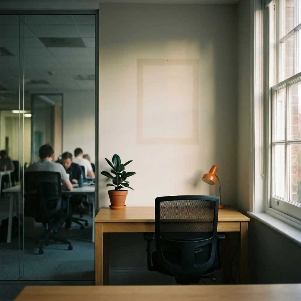 Empty glass-walled office with the desk cleared, the chair pushed in and a pale patch on the wall where a frame used to hang, the vacant seat an interim CTO steps into