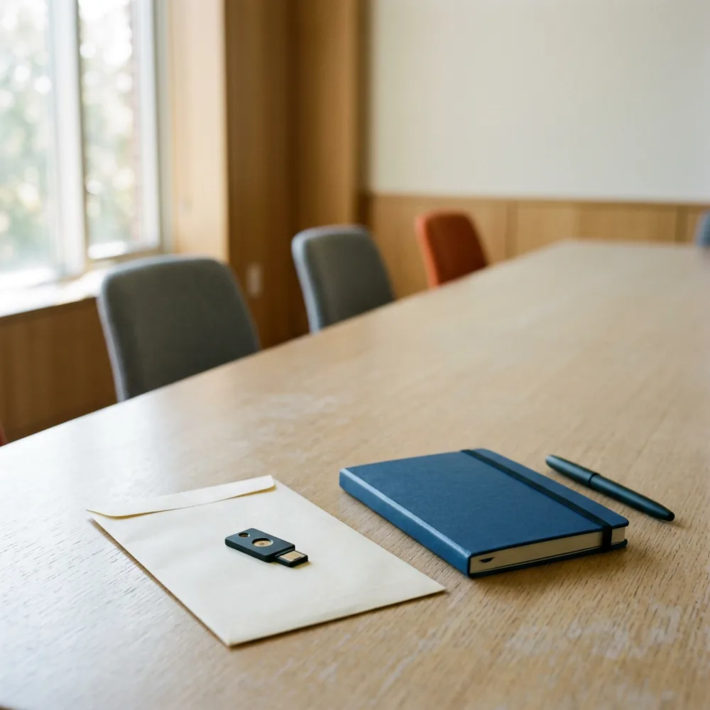 A hardware security key resting on a plain envelope beside a closed notebook on an empty meeting table, the handback at the end of an interim CTO engagement