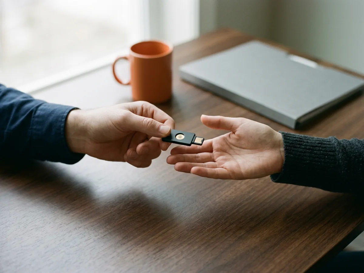 One hand passing a small hardware security key across a desk to another hand, the handover at the start of an interim CTO engagement