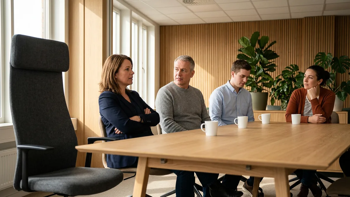 Leadership team meeting around a conference table with one empty executive chair in the foreground