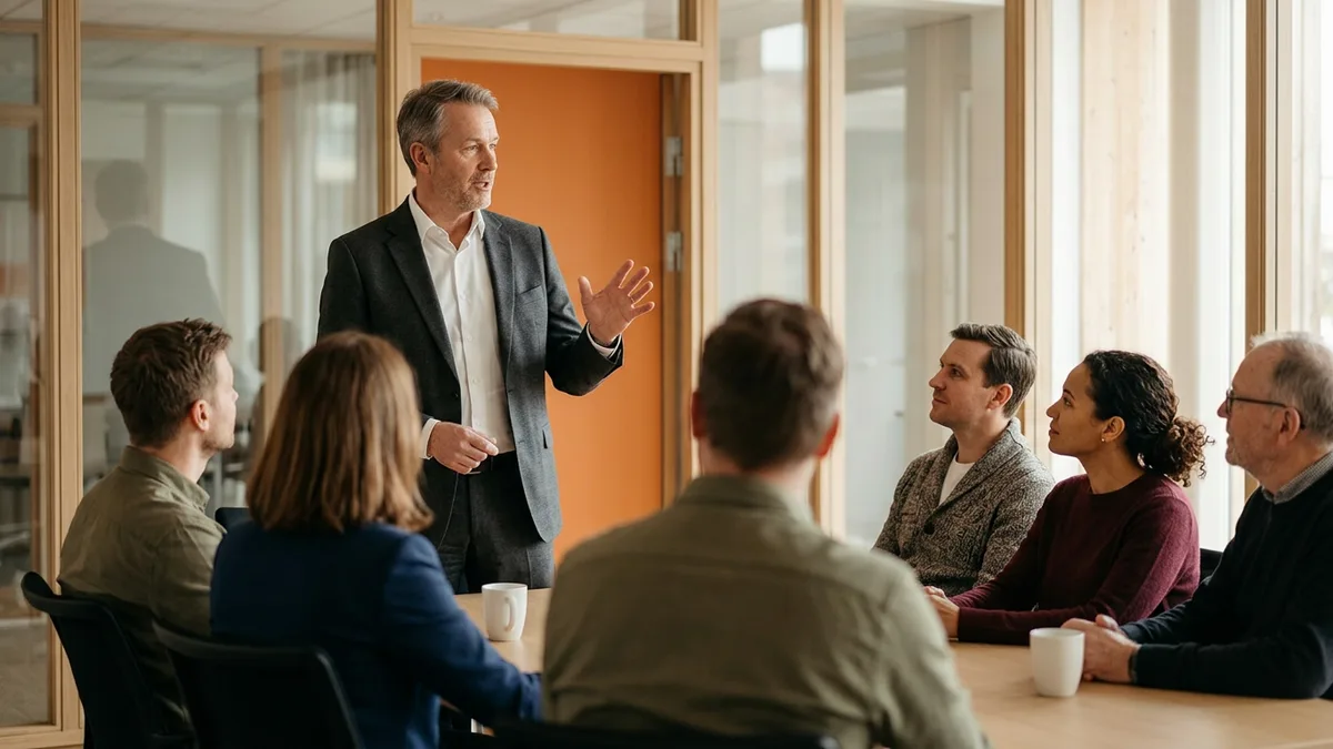 Interim executive standing at the head of a conference table leading a weekly leadership meeting