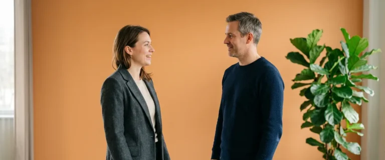 Hiring manager and engineering lead discussing an iOS developer job description in a modern office
